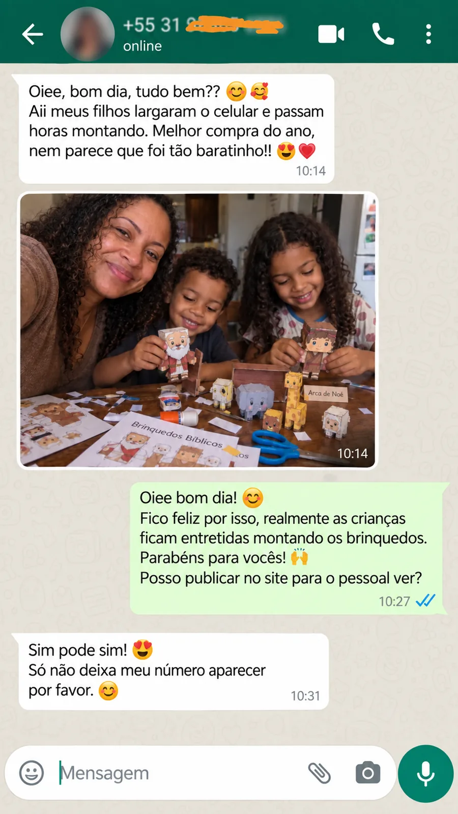 Depoimento recebido pelo WhatsApp de uma mãe sobre os brinquedos bíblicos
